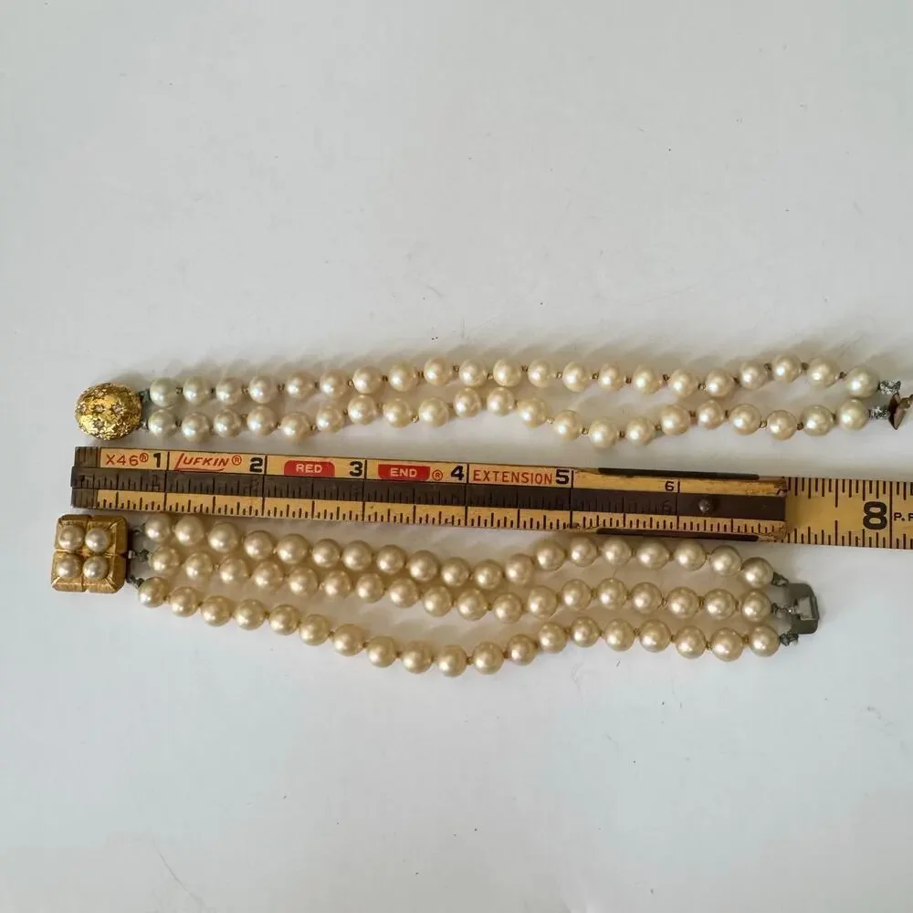 3 Vintage Faux Pearls and Gold Toned Bead Necklace and Two Bracelets 1950’s